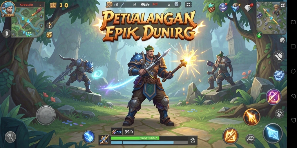Screenshot gameplay menunjukkan pertarungan epik di dunia fantasi RPG.