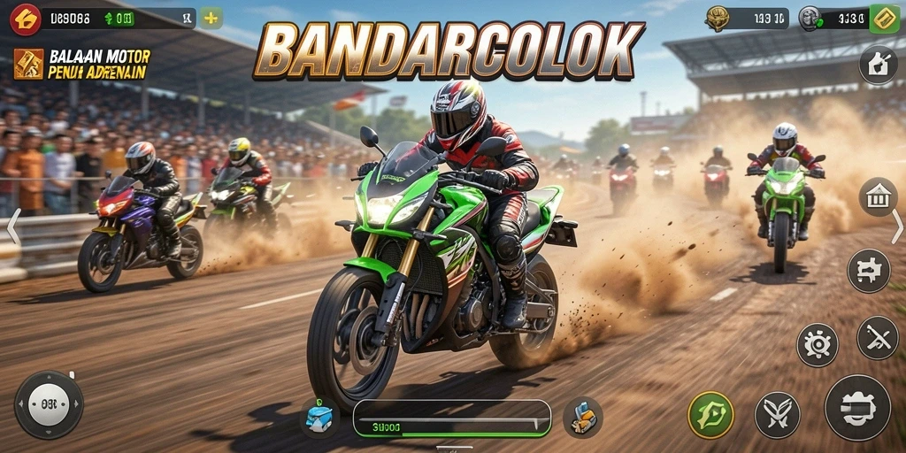 Tampilan gameplay seru dari BANDARCOLOK yang menggambarkan balapan motor.