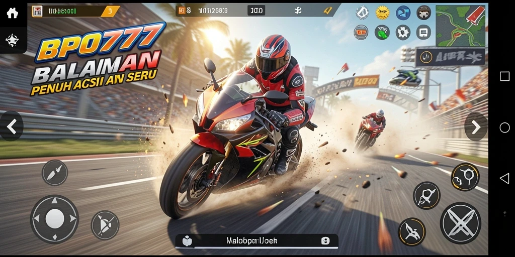 Screenshot gameplay BPO777 menampilkan aksi balapan motor yang mendebarkan.