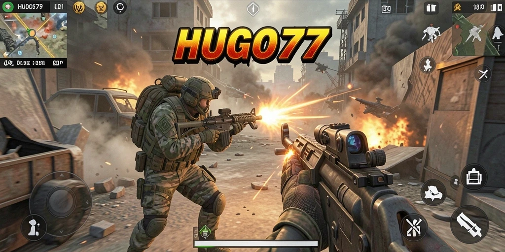 Screenshot HUGO77 menampilkan aksi seru dalam pertempuran TPS.