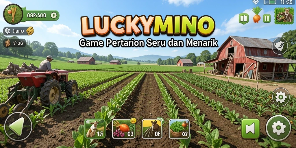 Tampilan gameplay LUCKYMINO dengan suasana pertanian yang hidup.
