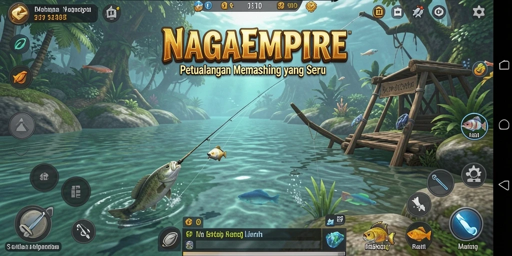 Tampilan gameplay NAGAEMPIRE yang menarik saat memancing ikan besar.
