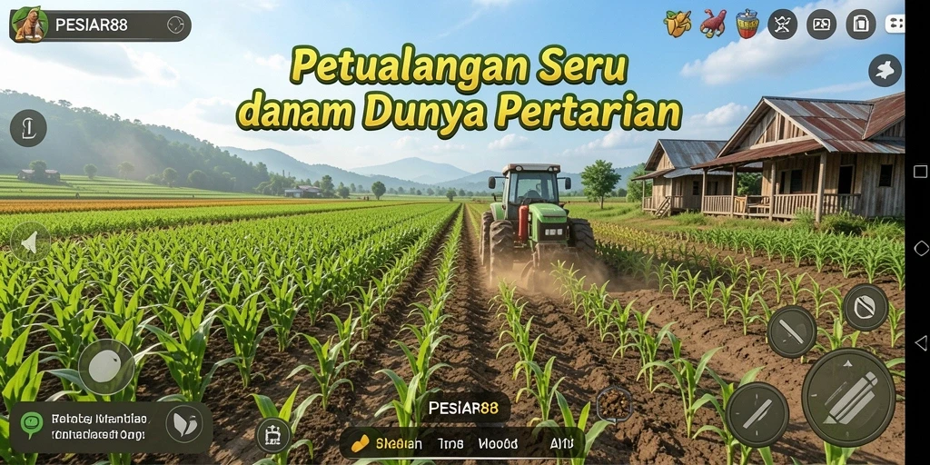 Tampilan gameplay PESIAR88 dengan ladang hijau dan tanaman yang subur.